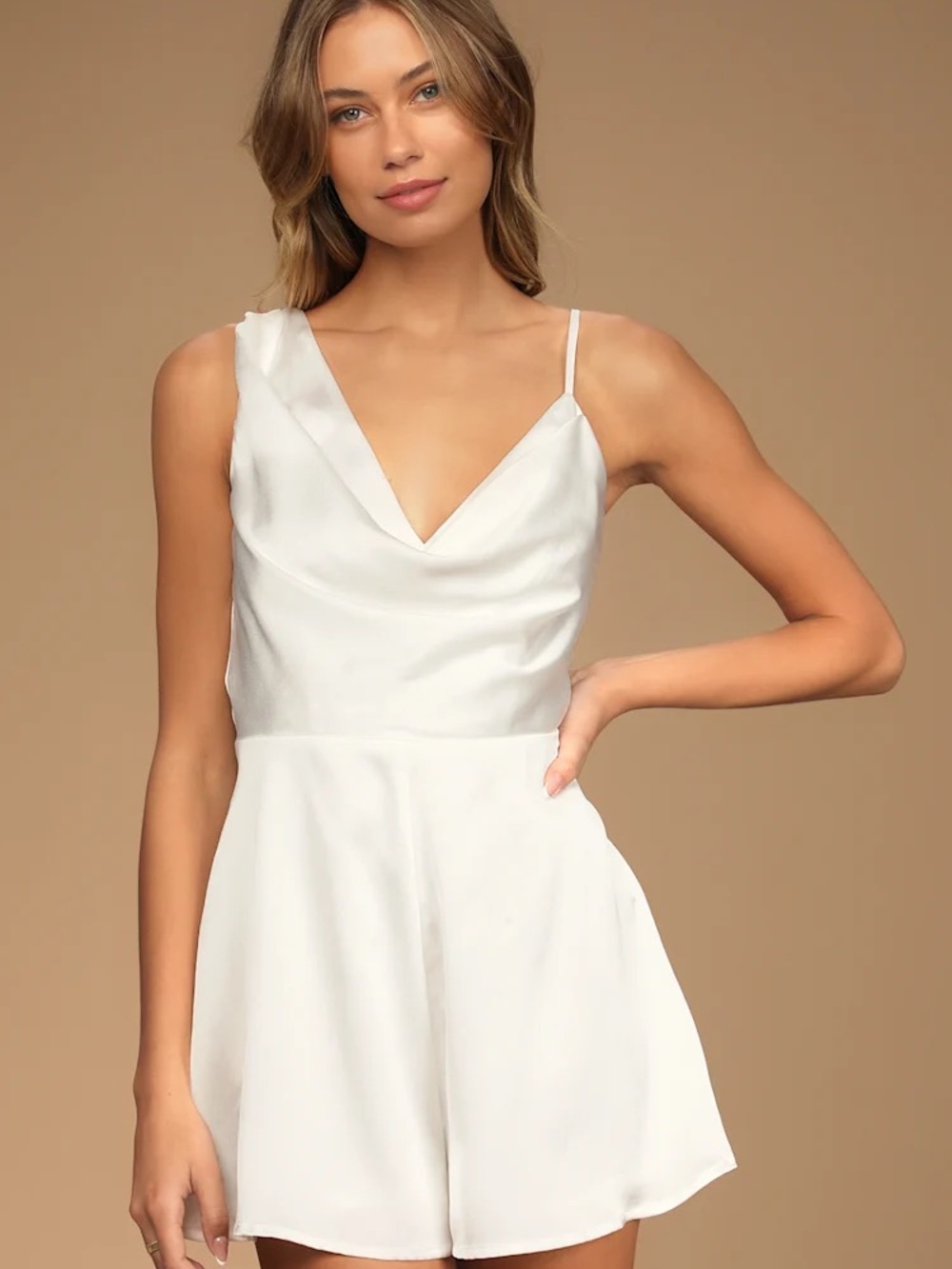 Lulus Likely Lover Ivory Satin Asymmetrical Cowl Neck Romper